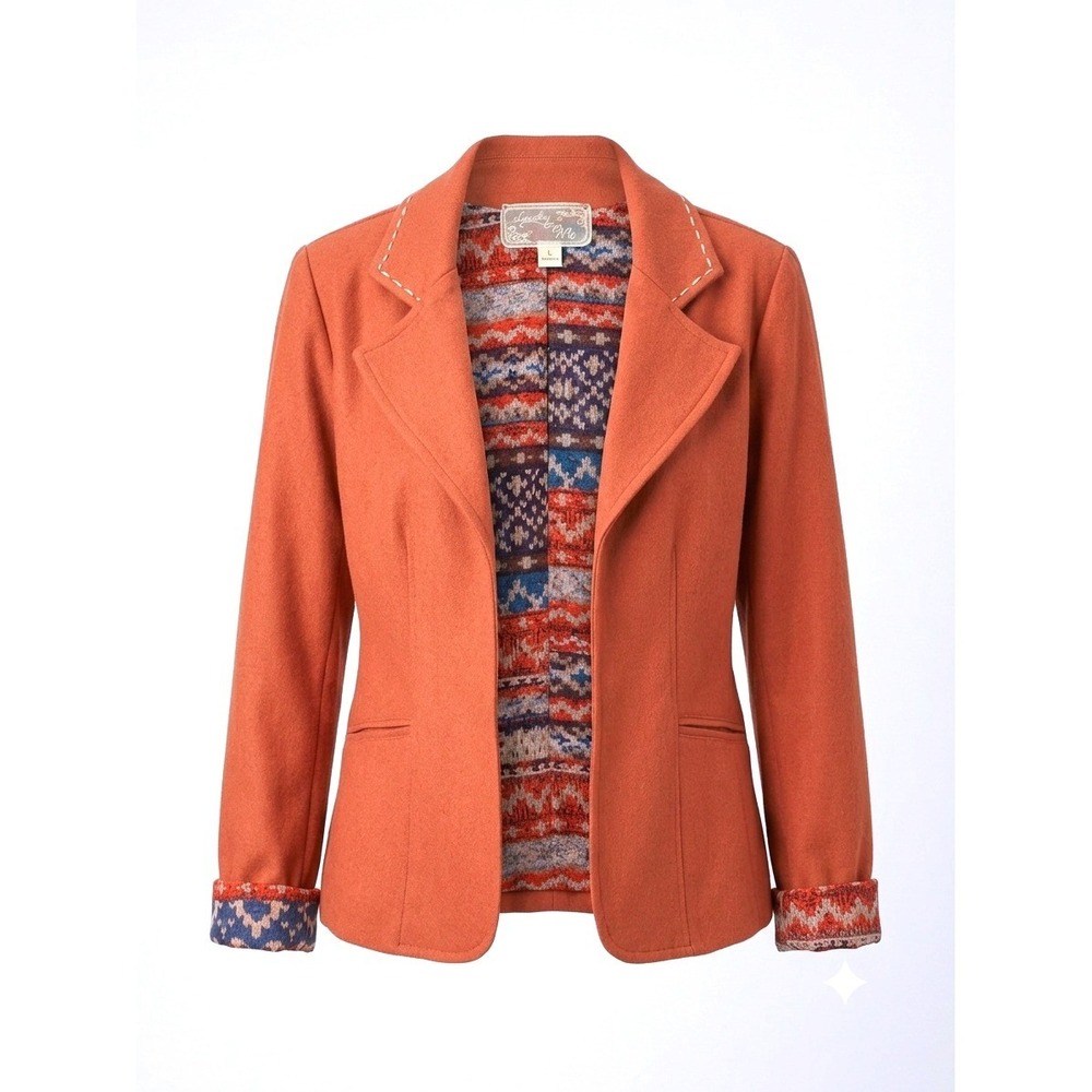 Nick & Mo Orange Rustic Western Blazer Fair Isle Lined Martingale Back Womens L